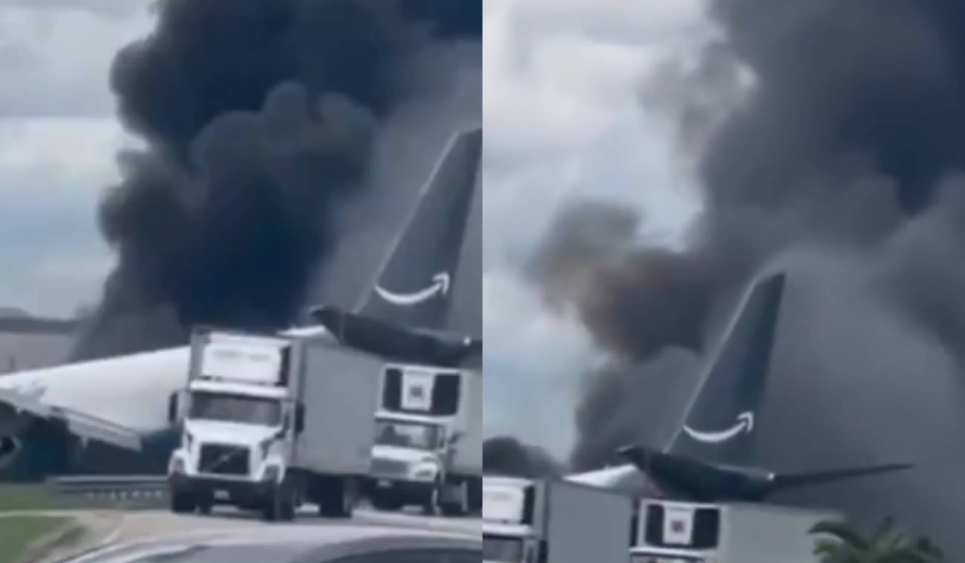 Avião cargueiro da Amazon sai da pista e pega fogo perto de aeroporto em Miami